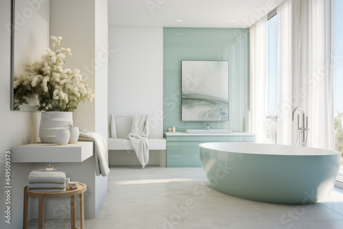Creating a Stylish and Serene Bathroom Retreat: A Contemporary Oasis with Refreshing Mint Accents, Elegance, and Tranquility, Featuring Minimalistic Design and Spa-like Ambiance.