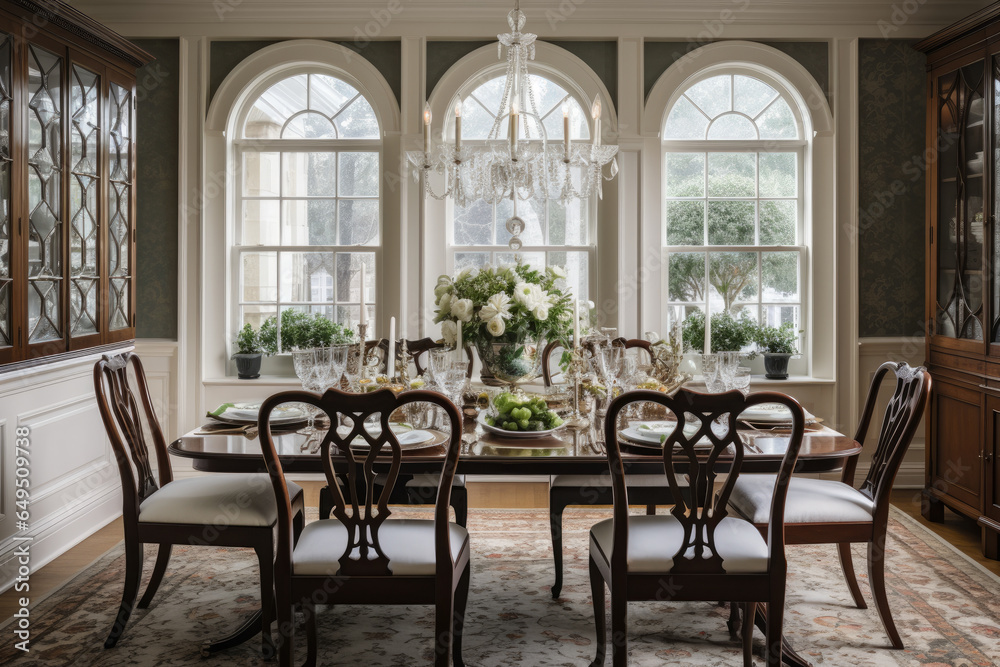 Embracing the regal charm of a timeless colonial dining room, indulge in opulence with rich colors, intricate carvings, and classic patterns, creating a refined and luxurious interior.