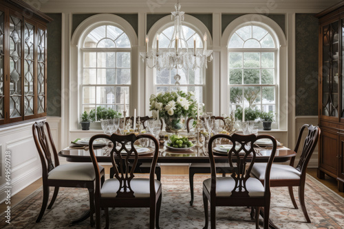 Embracing the regal charm of a timeless colonial dining room  indulge in opulence with rich colors  intricate carvings  and classic patterns  creating a refined and luxurious interior.