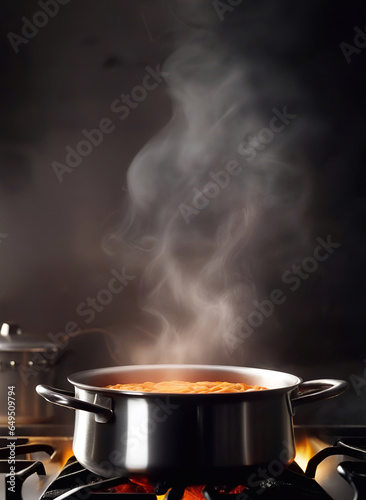 Pasta cooking in a pot on a stove with steam.