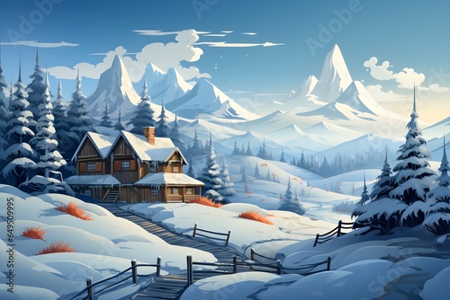 雪山に佇む1軒の山小屋のイラスト photo