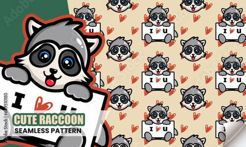 Seamless pattern with Funny cute cartoon raccoon. Vector illustration of small raccoon character