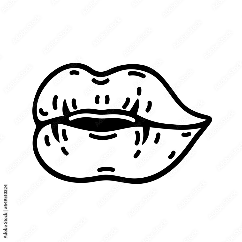 Lips vector icon. Hand drawn doodle isolated on white. Beautiful mouth with lipstick. Sweet sexy kiss, woman smile. Simple sketch, black outline. Cartoon clipart for print, posters, web Lips vector icon. Hand drawn doodle isolated on white. Beautiful mouth with lipstick. Sweet sexy kiss, woman smile. Simple sketch, black outline. Cartoon clipart for print, posters, web