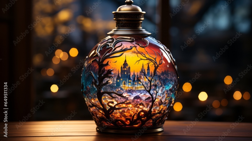 Enameled glass bottle with tree pattern and a castle. Made with Generative AI. Enameled glass bottle with tree pattern and a castle. Made with Generative AI.