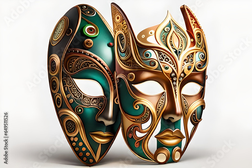 Realistic luxury carnival mask with colorful feathers.