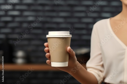 Mock up of female hand holding blank coffee paper cup for advertising.