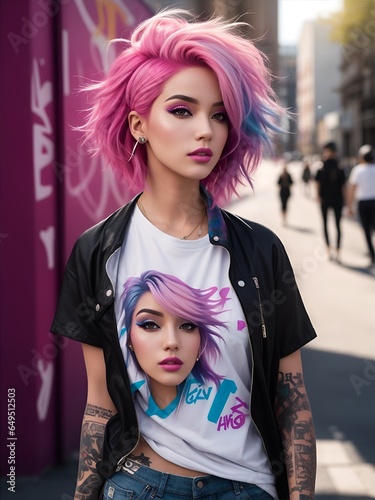 woman in urban style graphic tee colourful pink hairs