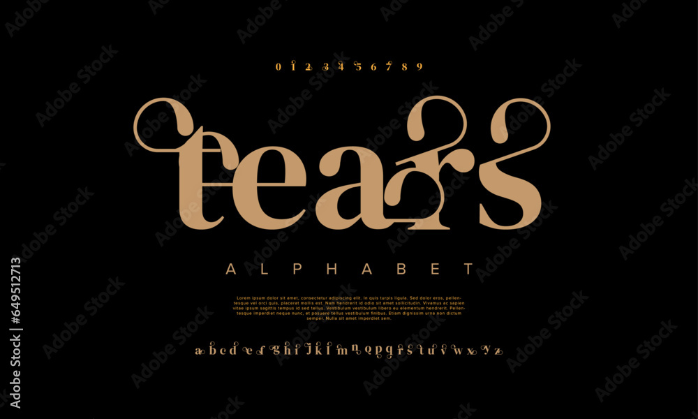 Tears premium luxury elegant alphabet letters and numbers. Elegant wedding typography classic serif font decorative vintage retro. Creative vector illustration