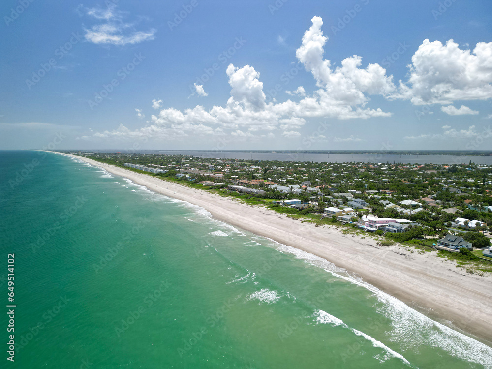 Aerial ocean and beach views on a beautiful sunny Summer day in Melbourne Beach, Florida - obrazy, fototapety, plakaty 