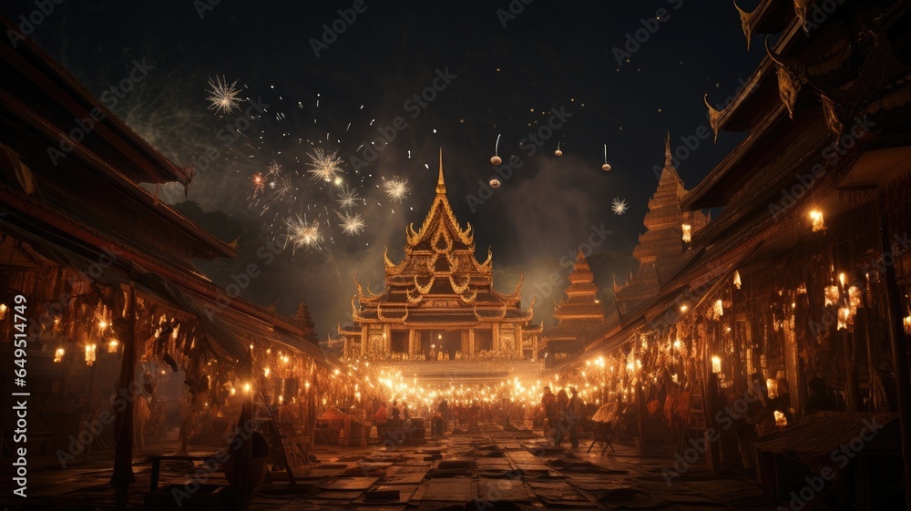 Thailand festival celebrating with night sky background. - obrazy, fototapety, plakaty 