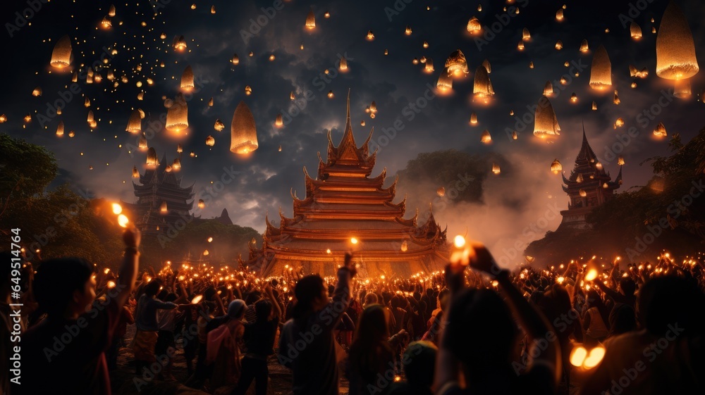 Thailand festival celebrating with night sky background. - obrazy, fototapety, plakaty 