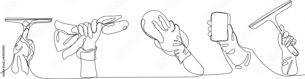 Continuous one line drawing of hand wearing rubber gloves cleaning surface with microfiber cloth or sponge and disinfectant spray during quarantine due. Easy to place your text and brand logo Continuous one line drawing of hand wearing rubber gloves cleaning surface with microfiber cloth or sponge and disinfectant spray during quarantine due. Easy to place your text and brand logo