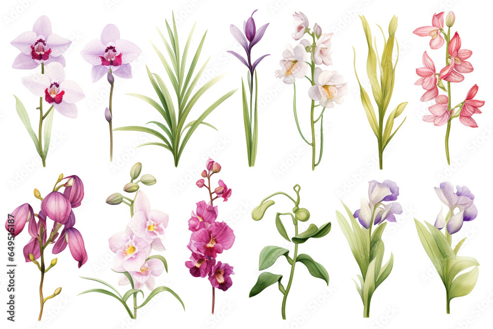Orchid branch floral set isolated on a white background. Watercolor illustration. Orchid branch floral set isolated on a white background. Watercolor illustration.