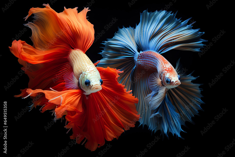 Fototapeta premium Two Siamese fighting fish isolated on black background. 