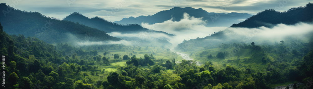 Jungle, tropical forest, morning fog, top view. Jungle, tropical forest, morning fog, top view.