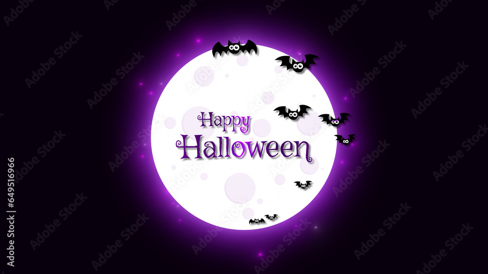 happy Halloween wallpaper, moon and bats flying with text on dark background 