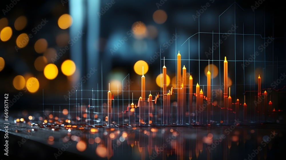 Blank dark bokeh background with digital financial chart indicators ...