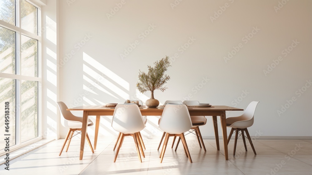 Fototapeta premium A dining room table with chairs and a vase on it. Generative AI.