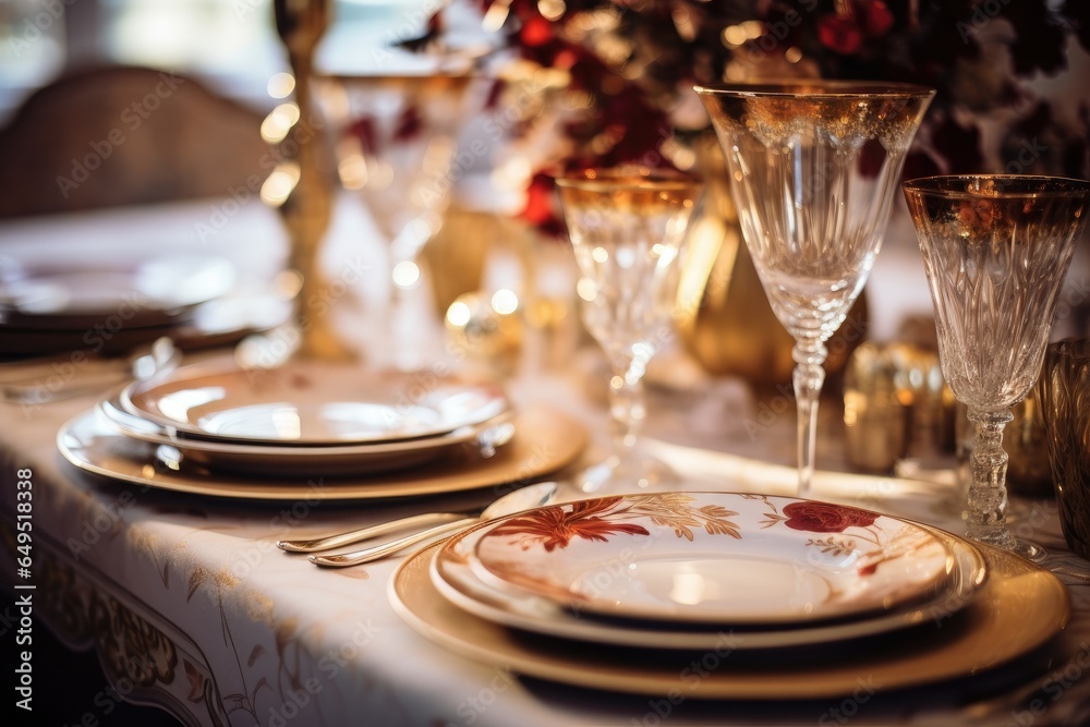 Naklejka premium A table set with plates, glasses, and silverware. Generative AI.