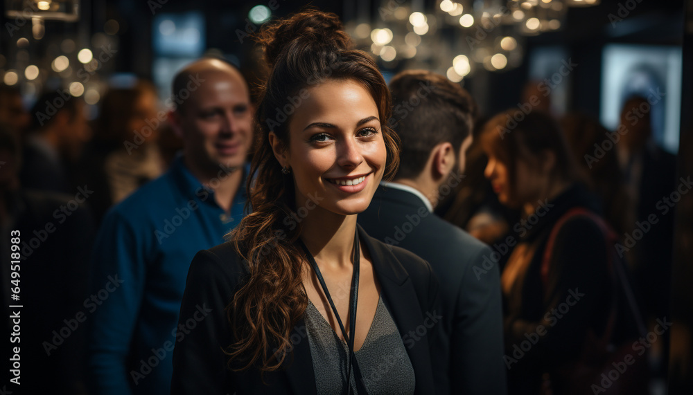 Obraz premium Young adults enjoying nightlife in a crowded nightclub, smiling and looking confident generated by AI