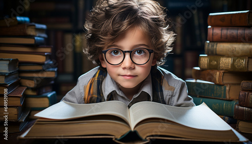 A cute schoolboy reading, surrounded by books in a library generated by AI