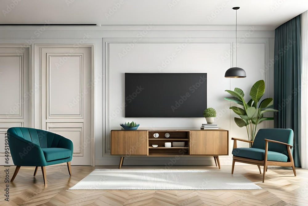 TV on cabinet in modern living room with plants on white wall background, 3d rendering. Modern living room TV on cabinet in modern living room with plants on white wall background, 3d rendering. Modern living room