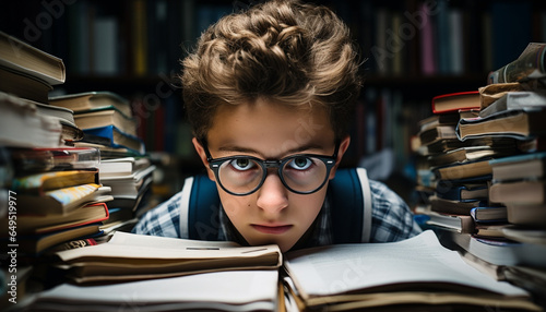 A serious schoolboy studying in a library, holding a textbook generated by AI
