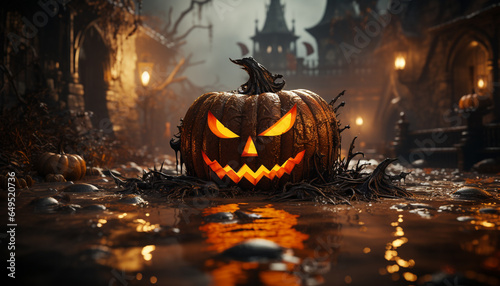 Spooky night, pumpkin glowing, evil celebration, Halloween horror generated by AI