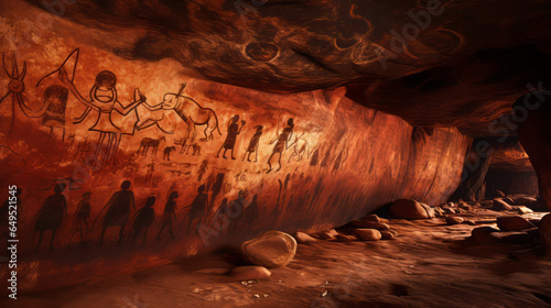 Photorealistic ai artwork of cave paintings and artwork in the style of indigenous Australia. Generative ai.