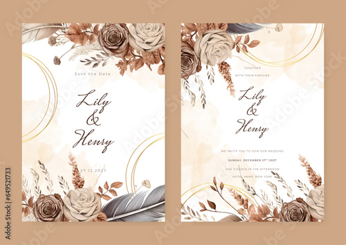 Watercolor rustic wedding invitation template with arrangement flower floral and leaves. Brown beige and white modern wedding invitation template with flora and flower