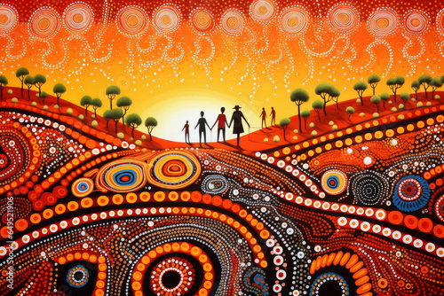 Ai artwork in style of indigenous Australian art. Abstract background with circles and earthy tones of reds, orange and brown and black. Generative ai. photo