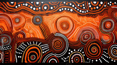 Ai artwork in style of indigenous Australian art. Abstract background with circles and earthy tones of reds, orange and brown and black. Generative ai.