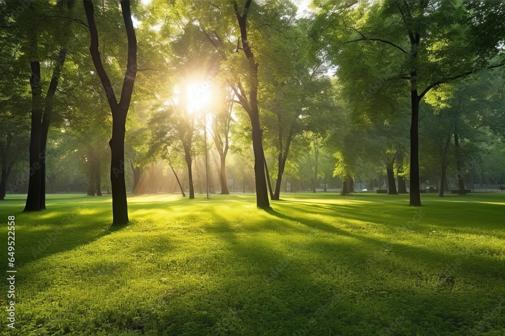 Beautiful public park with green grass field on morning light Created with Generative AI technology. Beautiful public park with green grass field on morning light Created with Generative AI technology.