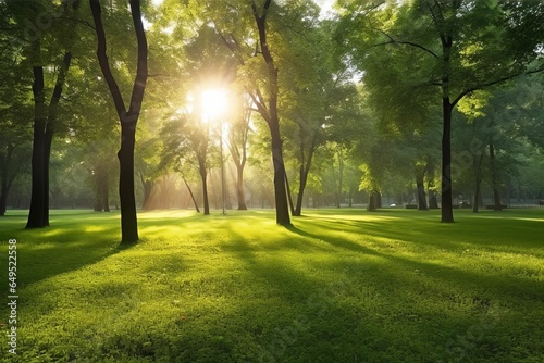 Beautiful public park with green grass field on morning light Created with Generative AI technology.