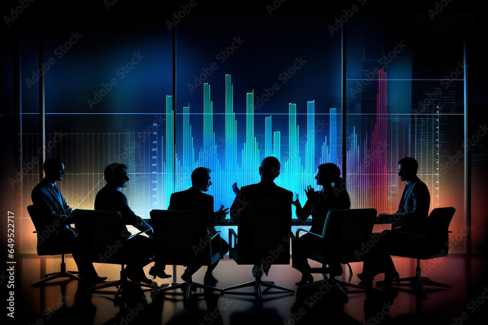 Ai artwork of a silhouetted group of people in a futuristic conference room having a meeting. Generative ai. Ai artwork of a silhouetted group of people in a futuristic conference room having a meeting. Generative ai.