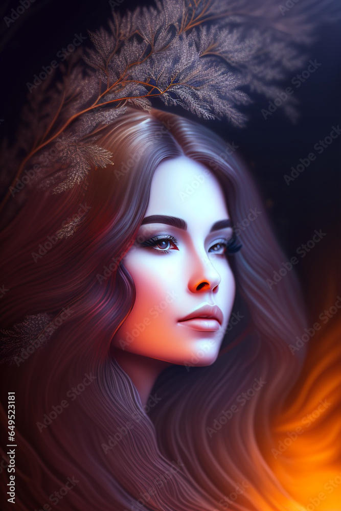 A drawing of a beautiful woman merging with a stylized tree. Generative AI_5. A drawing of a beautiful woman merging with a stylized tree. Generative AI_5.