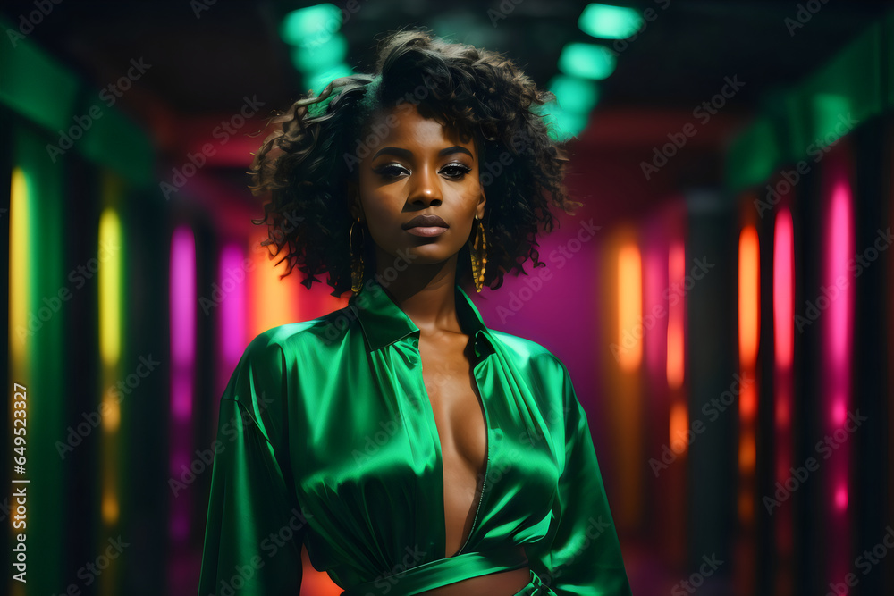 High Fashion model woman in colorful bright lights wearing green clothes posing in studio