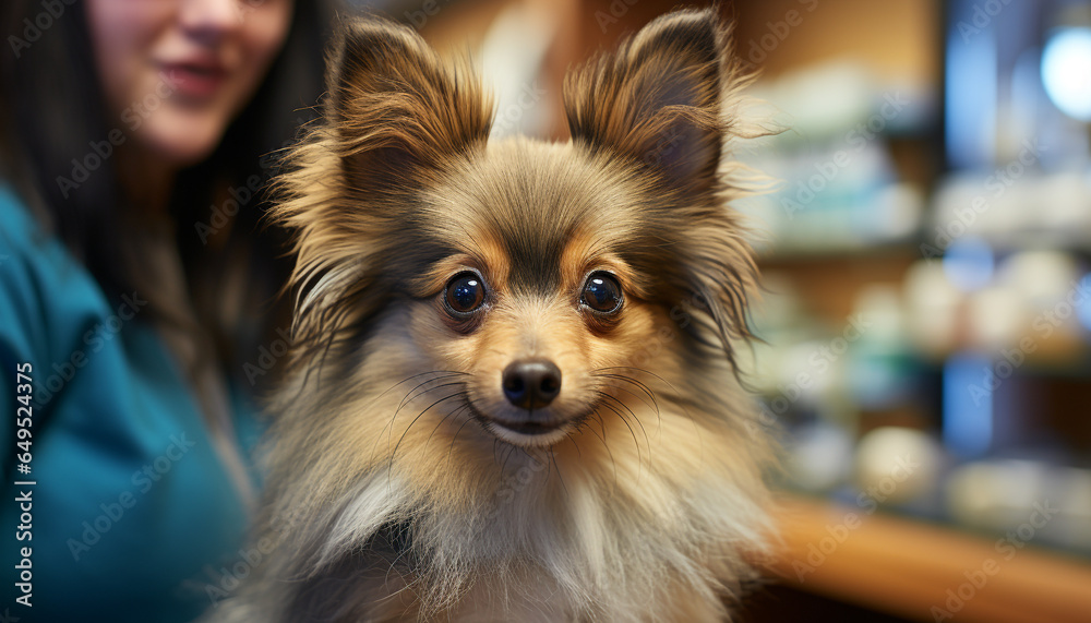 A cute puppy sitting, looking at camera, with its owner generated by AI A cute puppy sitting, looking at camera, with its owner generated by AI