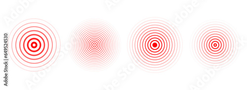 Red concentric ripple circles set. Sonar or sound wave rings collection. Epicentre, target, radar icon concept. Radial signal or vibration elements. Halftone line vector illustration