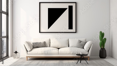 Stylish interior of living room with mock up geometric minimalistic art, wooden commode, book, leaf in ceramic vase and elegant personal accessories. Minimalist concept of home decor. Template.	