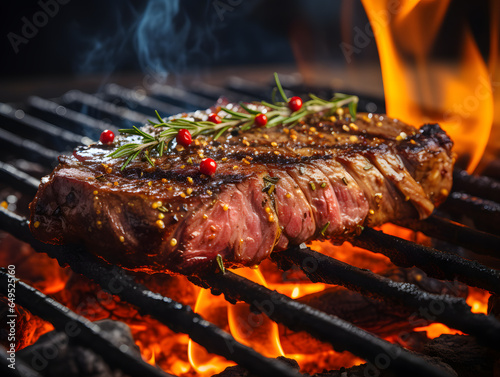 Closeup of grilled beef steak on barbecue grill with flames on background