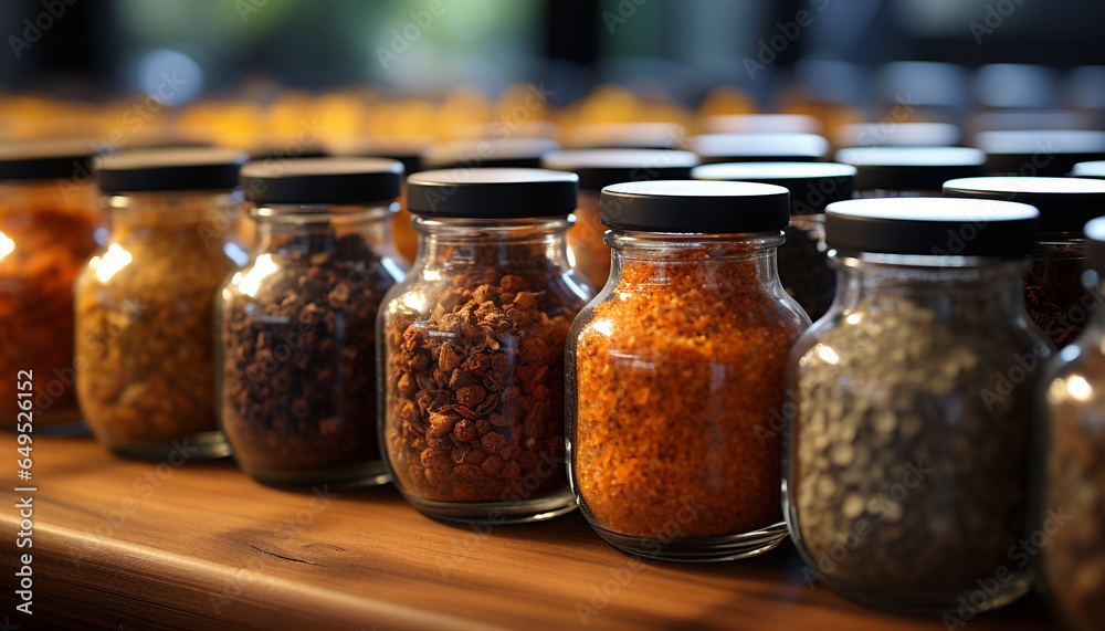 Fresh, healthy vegetables in glass jars on wooden table generated by AI Fresh, healthy vegetables in glass jars on wooden table generated by AI