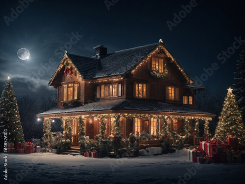 house with christmas decorations at night