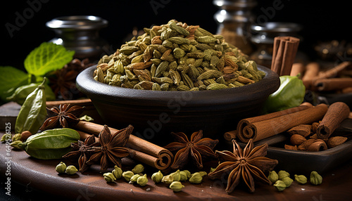 Fresh organic spices, close up on wooden table, healthy eating generated by AI