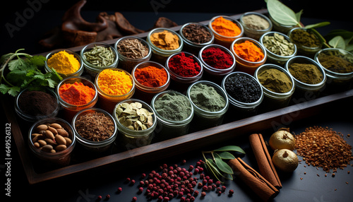 A variety of spices in a wooden bowl, enhancing flavors generated by AI