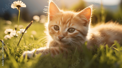Close up of cute orange cat lying on green grass with a field in the background