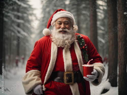 portrait of santa claus walking in the snowed forest