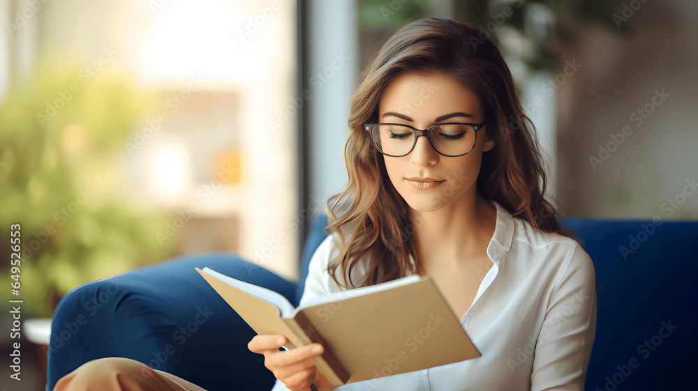 Young woman with eyeglasses enjoy reading book at home in living room - obrazy, fototapety, plakaty 