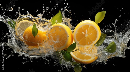 fresh yellow lemon splashed with water on black and blurred background