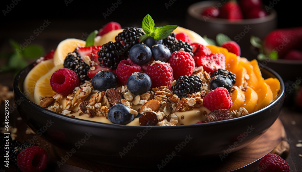 Fresh berry bowl with granola, yogurt, and honey on wood generated by AI Fresh berry bowl with granola, yogurt, and honey on wood generated by AI